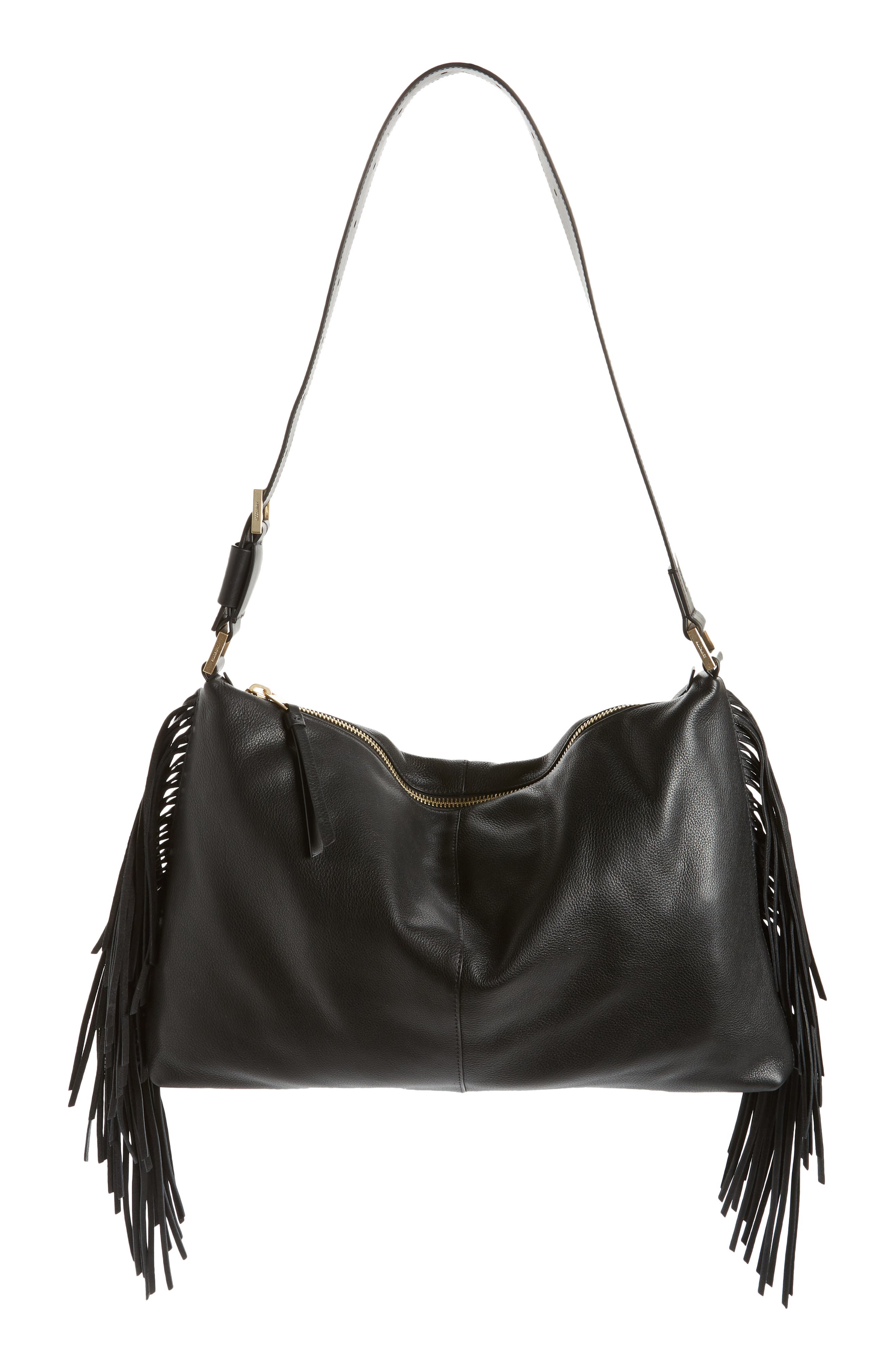 AllSaints Edbury Fringe Leather Shoulder Bag, Alternate, color, 