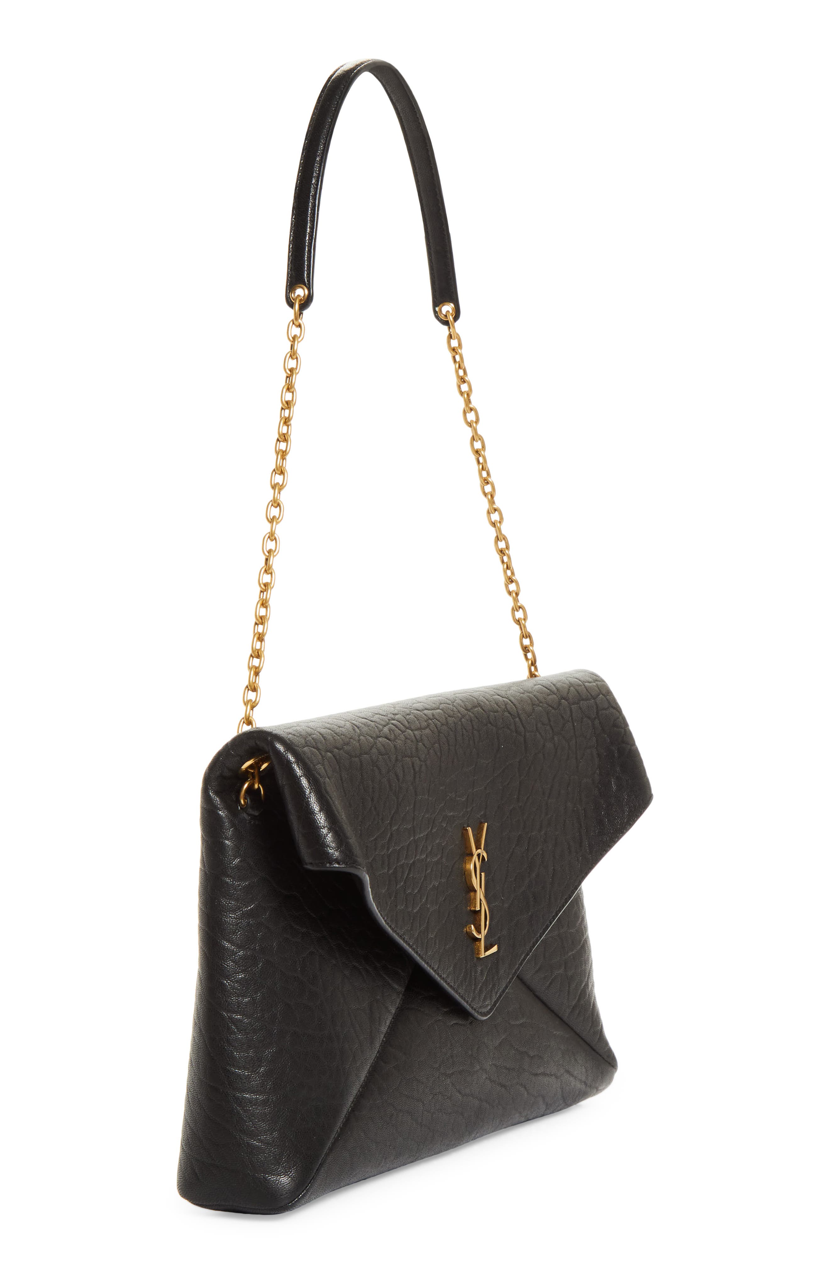Saint Laurent Cassandre Lambskin Leather Pouch on a Chain, Alternate, color, Noir