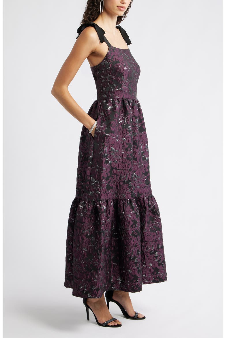 Tiered Floral Brocade Tie Strap Maxi Dress, Alternate, color, PURPLE MULTI FLORAL BROCADE