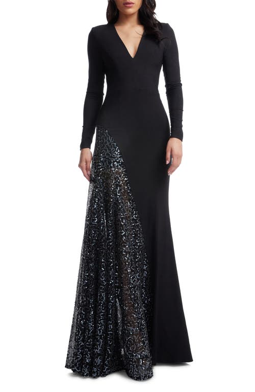 Dress the Population Winnie Sequin Panel Long Sleeve Gown in Black Multi 