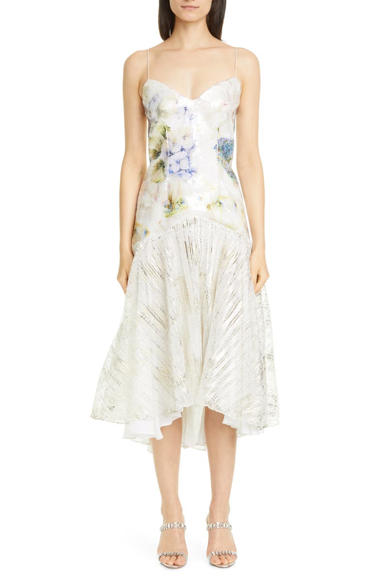 Rodarte Floral Sequin High/Low Slip Dress, Main, color, 