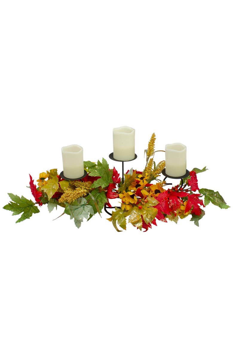 Northlight Glittered Sunflowers and Maple Leaves Fall Harvest Triple Pillar Candleholder - 28", Alternate, color, Yellow