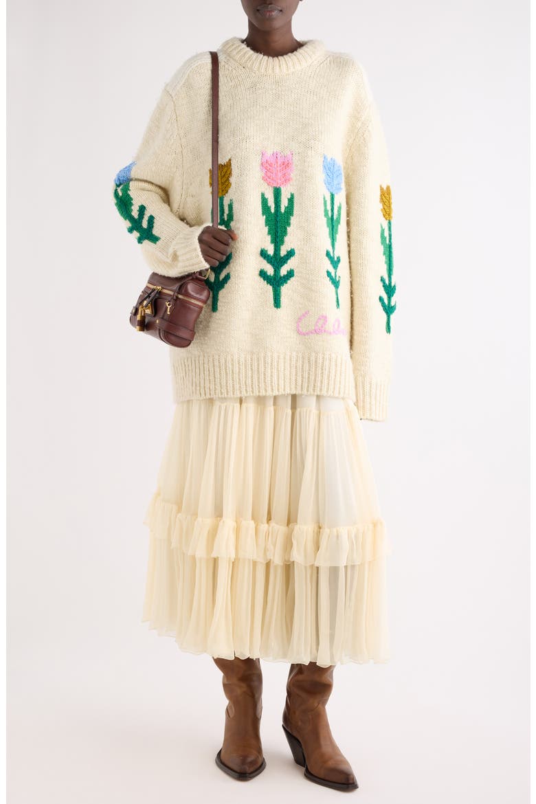 Intarsia Tulip Oversize Wool Sweater, Alternate, color, COCONUT MILK