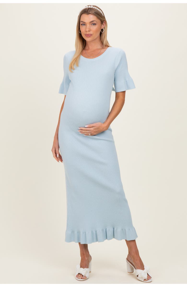 PinkBlush Ribbed Knit Bow Back Ruffle Accent Dress, Main, color, Light Blue