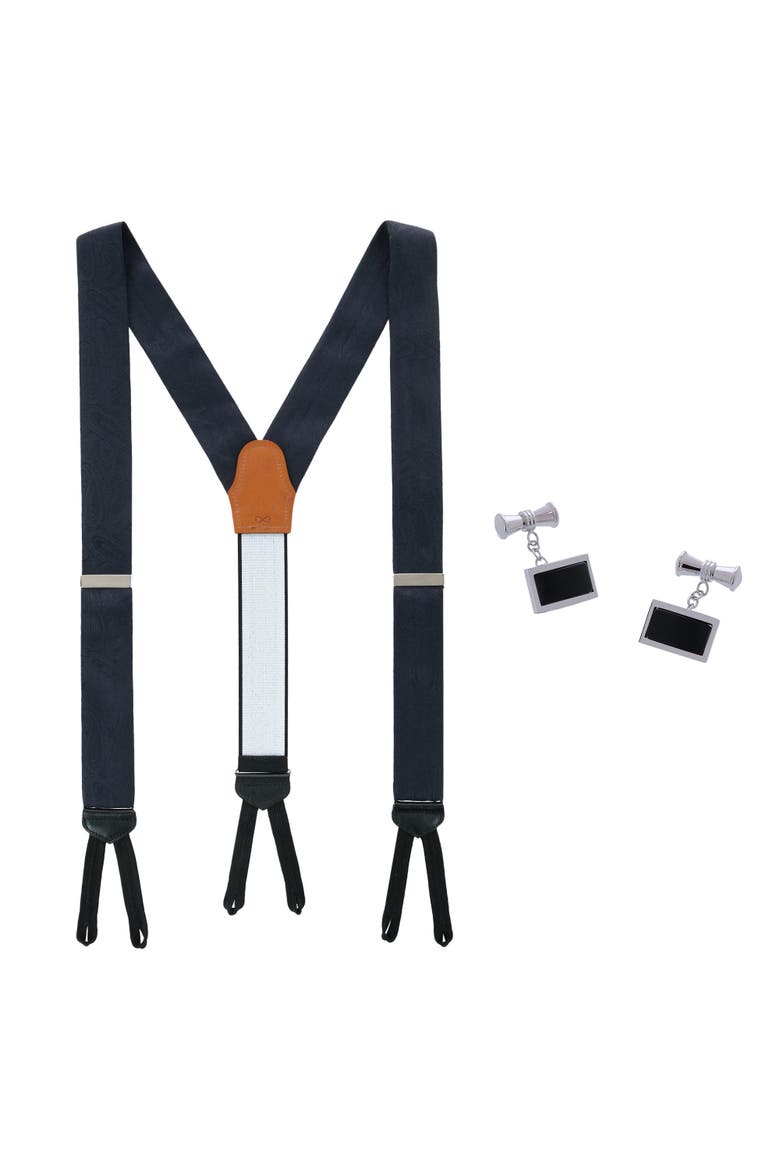 Banbury Silk Button End Suspenders (Braces) and Esteban Cufflinks Set, Main, color, Black
