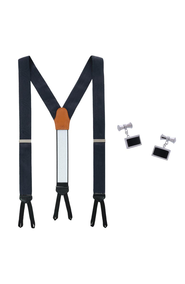 Trafalgar Banbury Silk Button End Suspenders (Braces) and Esteban Cufflinks Set, Main, color, Black