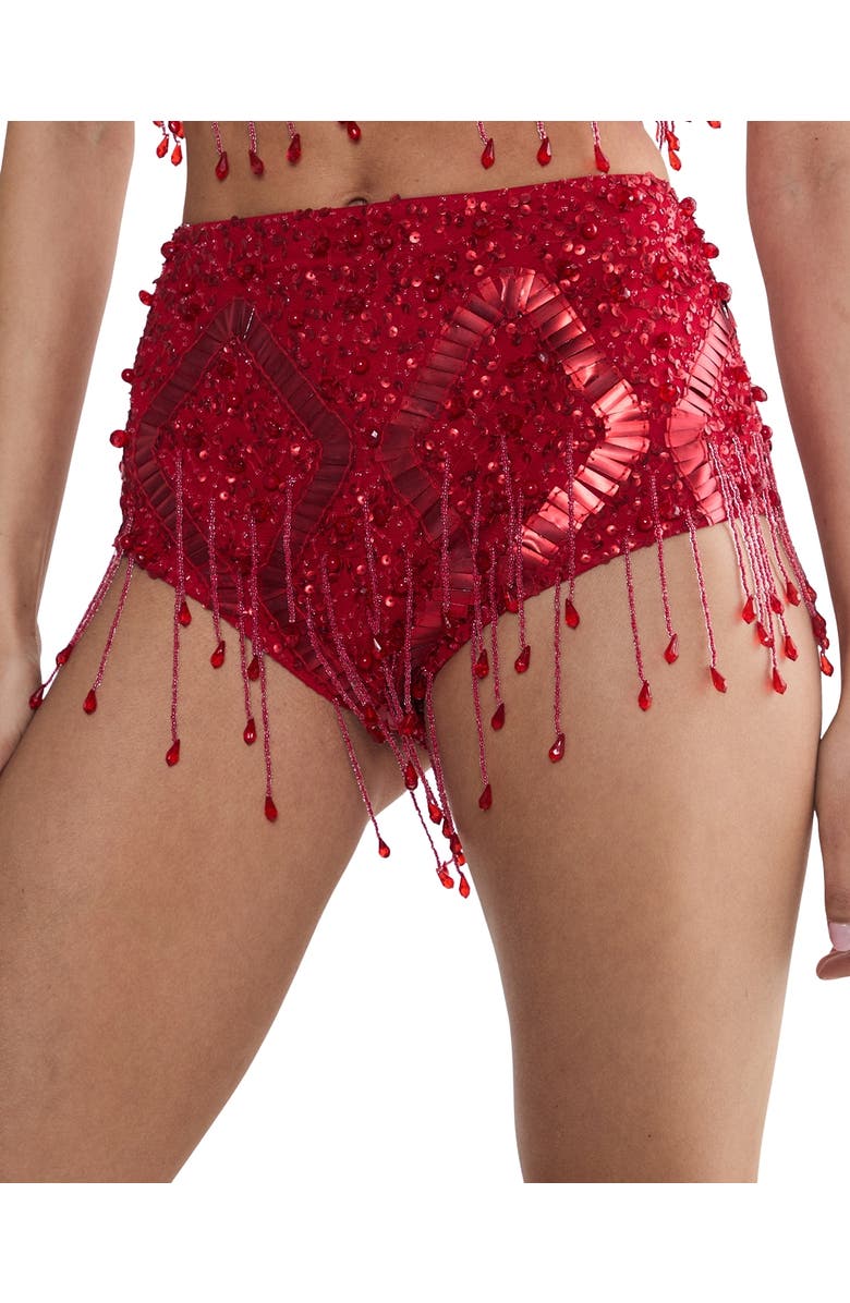NASTY GAL Embellished Tassel Beaded Booty Shorts, Alternate, color, Red