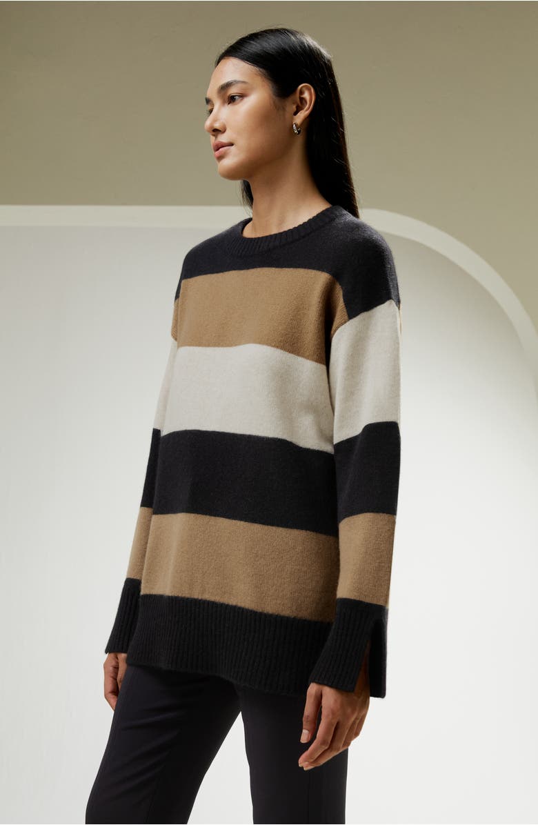 Lilysilk Women's Tri-colored Stripe Cashmere Sweater, Alternate, color, Black&Camel&Beige