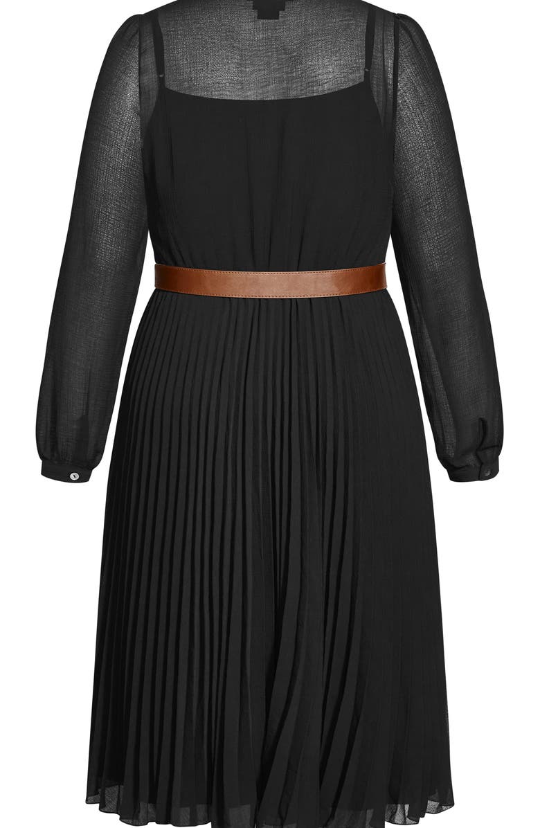 City Chic Pleated Belted Long Sleeve A-Line Midi Dress, Alternate, color,