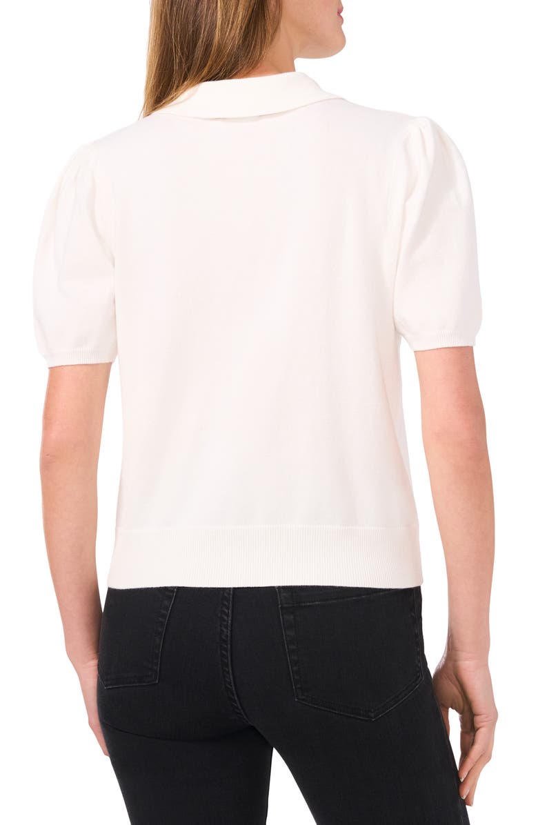 CeCe Imitation Pearl Button Puff Sleeve Polo, Alternate, color, Antique White