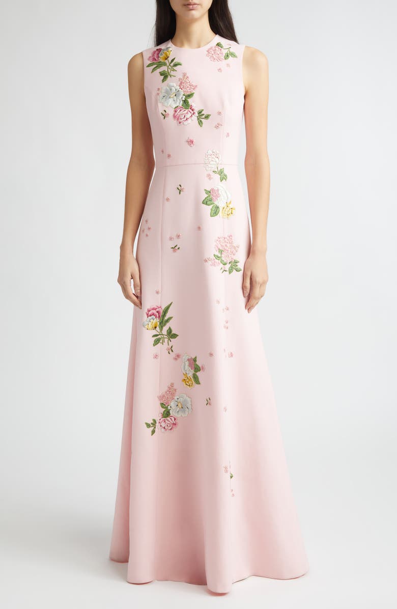 Carolina Herrera Floral Embroidered Sleeveless Crepe Gown, Main, color, Rosewater