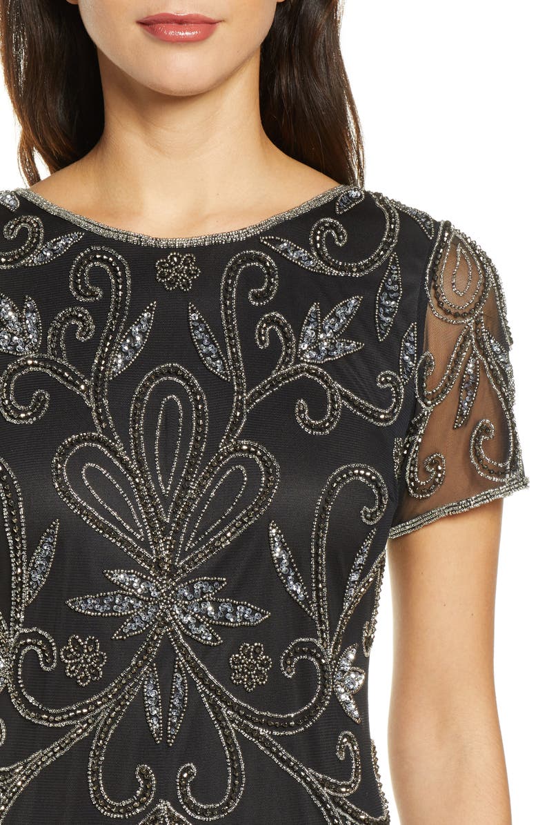 Pisarro Nights Beaded Illusion Mesh A-Line Gown, Alternate, color,