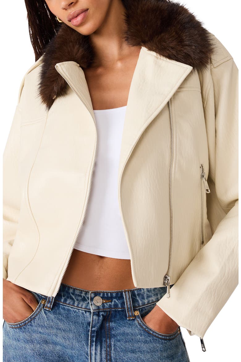 Silas Faux Leather Jacket with Faux Fur Collar, Main, color, BONE