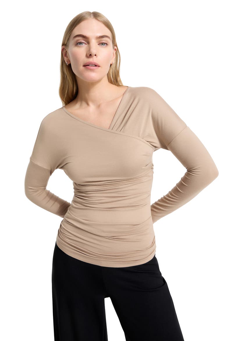 Jisoo Ruched Surplice Neck Jersey Top, Alternate, color, SAND