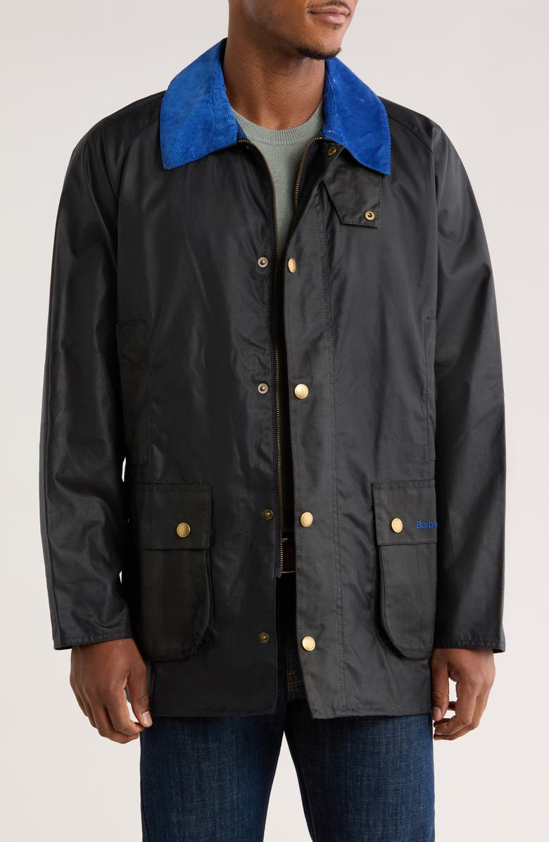 Barbour Reese Beadle Waxed Cotton Raincoat, Main, color, Navy
