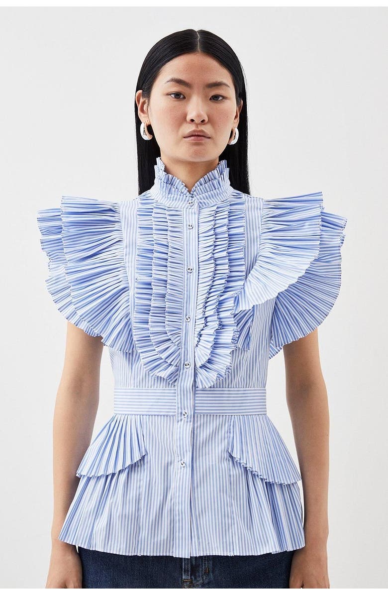 Karen Millen Sleeveless Striped Pleated Ruffle Blouse, Main, color, Stripe