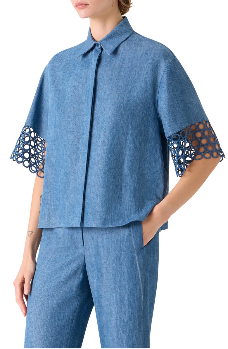 Akris punto Circle Lace & Denim Shirt, Alternate, color, Medium Blue Denim