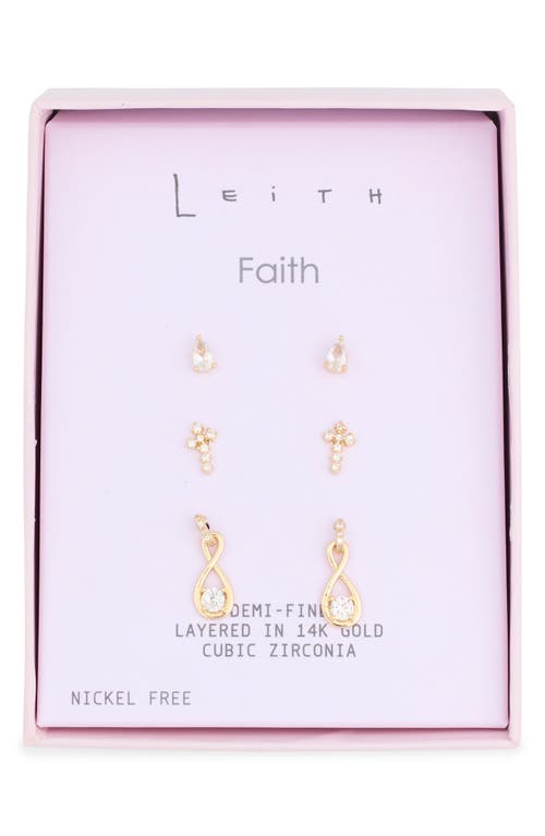 Leith Set Of 3 Demi-fine Cubic Zirconia Faith Stud Earrings In Clear- Gold