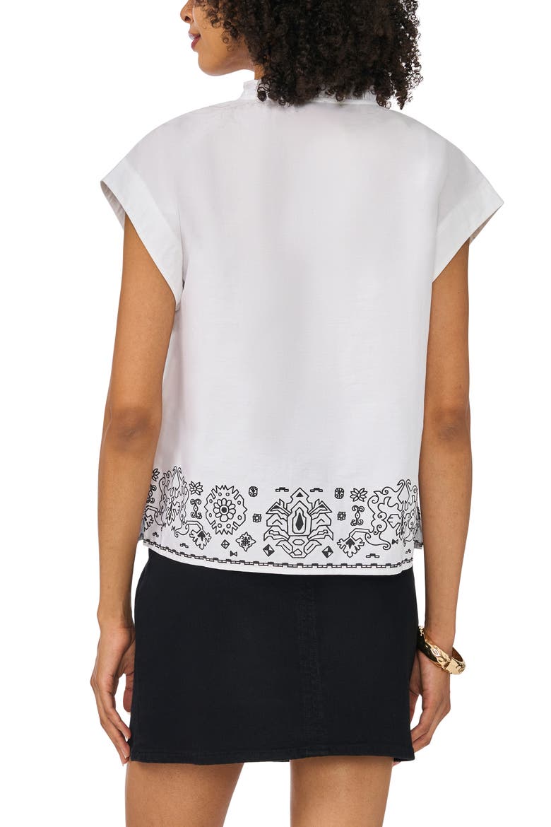 Ruffle Trim Split Neck Border Print Top, Alternate, color, RICH BLACK
