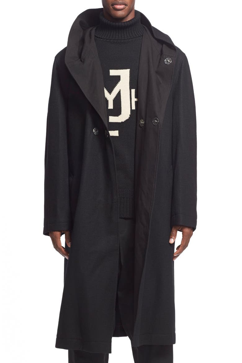 Yohji Yamamoto Asymmetrical Hooded Wool Coat, Main, color, BLACK