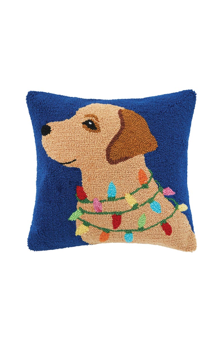C&F Home Golden Lab Dog w/ Christmas Lights Hooked Accent Throw Pillow 18" x 18", Main, color, Blue