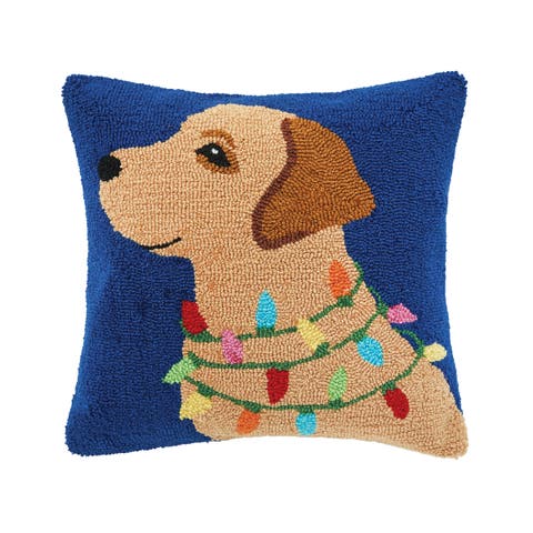 Golden Lab Dog w/ Christmas Lights Hooked Accent Throw Pillow 18" x 18"