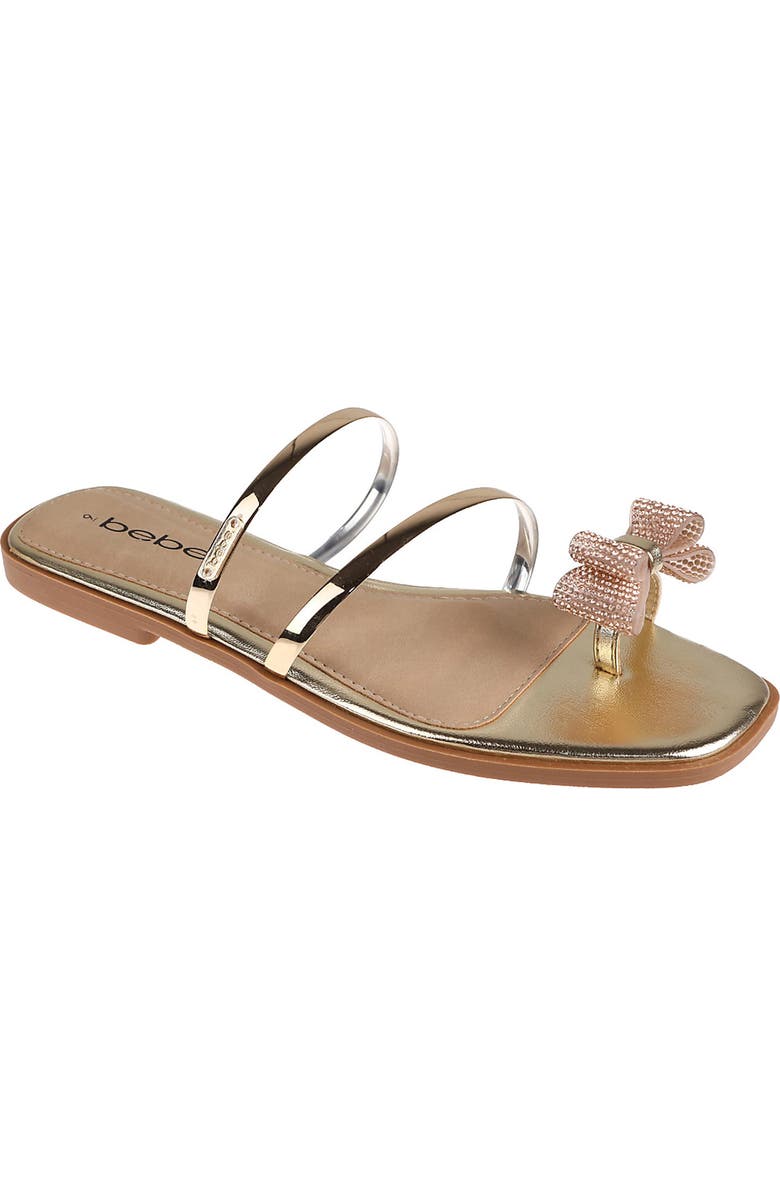 bebe Rhinestone Bow Toe Post Sandal, Main, color, Light Gold