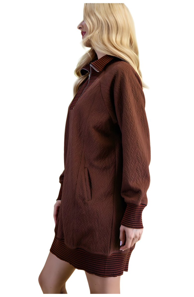Knit and Lounge Textured Knit Half-Zip Dress With Contrast Ribbed Trim, Alternate, color, Chocolate Brown