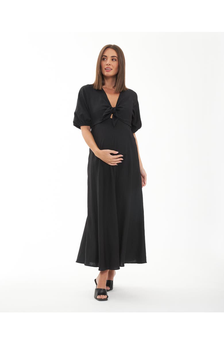 Ripe Maternity Camille Tie Front Linen Dress, Main, color, Black