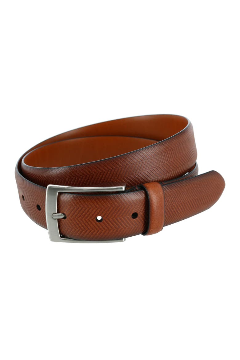 Gregorio 35mm Herringbone Embossed Feather Edged Leather Belt, Main, color, Cognac