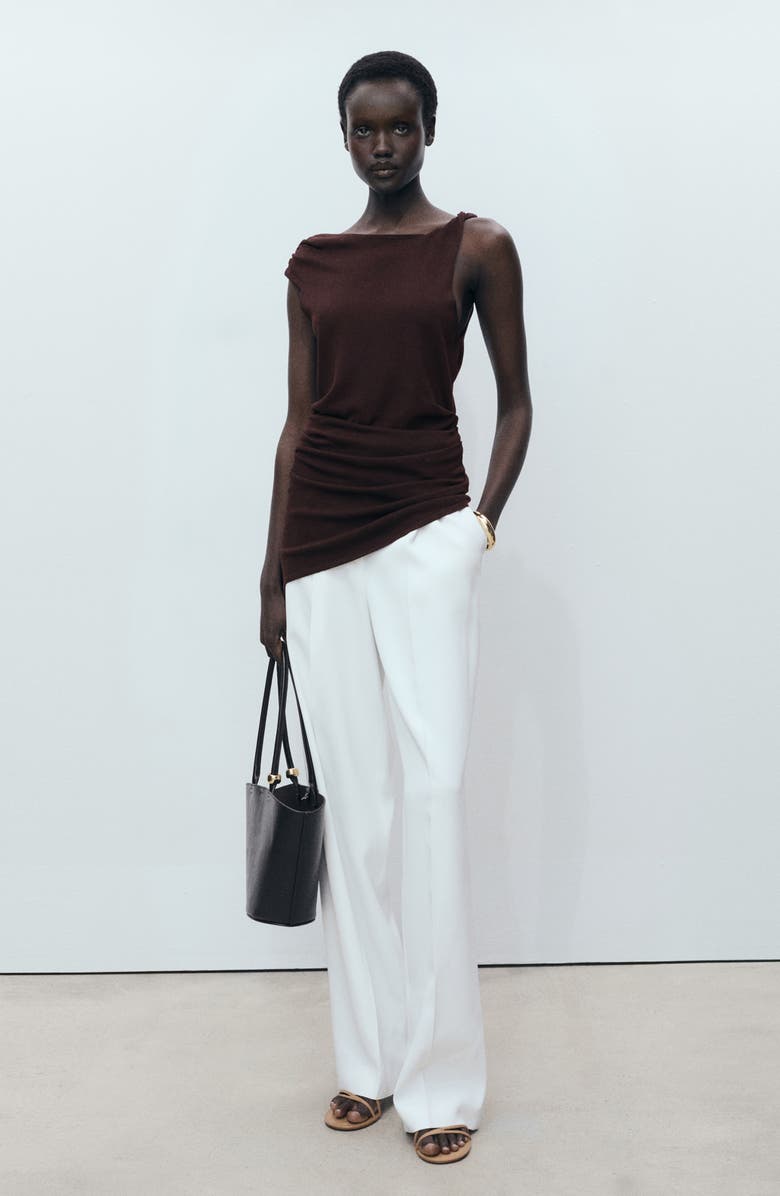 MANGO Asymmetric Ruched Knit Top, Alternate, color, Chocolate