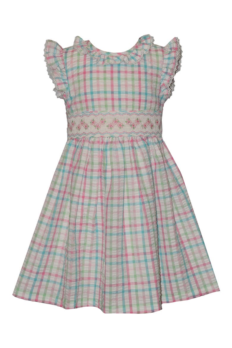 Kids' Check Smocked Waist Cotton Blend Seersucker Dress, Main, color, IVORY MULTI