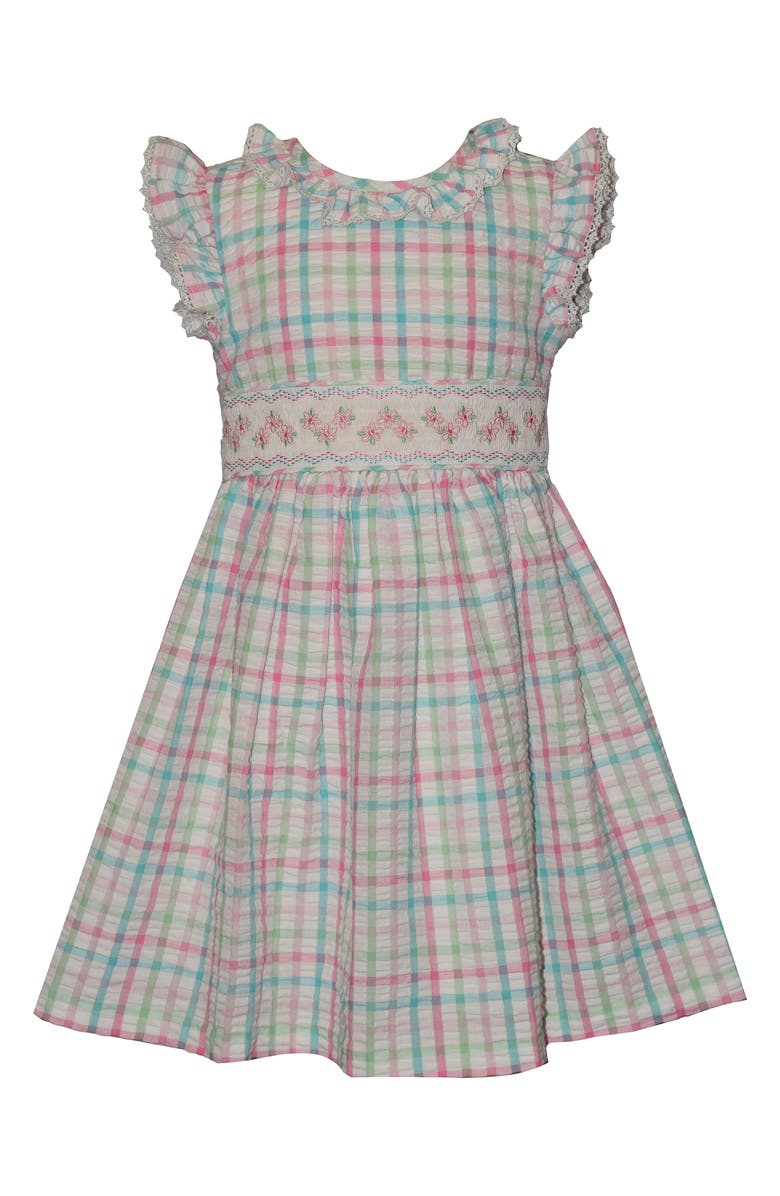 GERSON & GERSON Kids' Check Smocked Waist Cotton Blend Seersucker Dress, Main, color, Multi