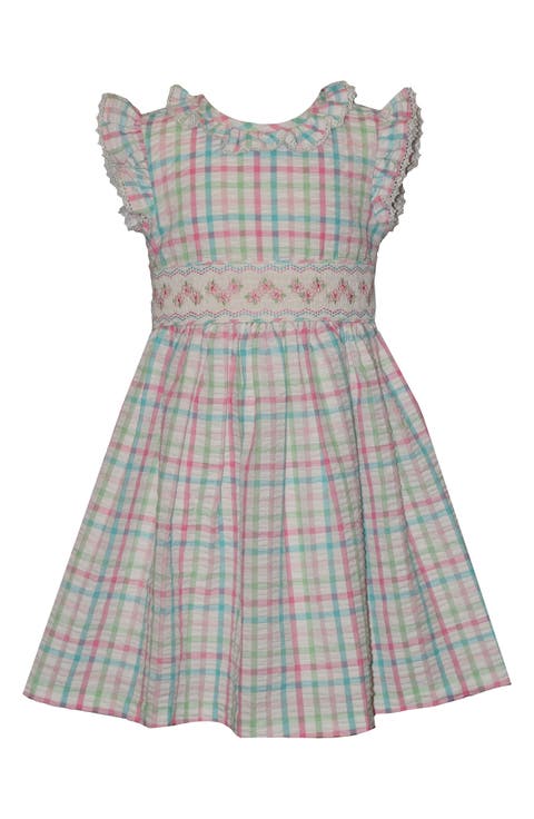 Kids' Check Smocked Waist Cotton Blend Seersucker Dress (Toddler)