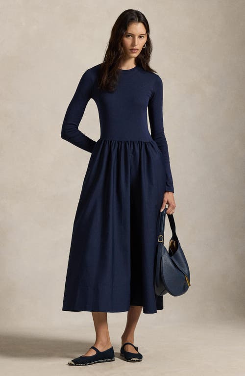 Polo Ralph Lauren Mixed Media Long Sleeve Cotton Dress In Blue