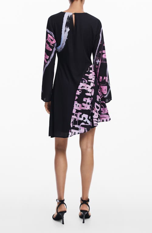 Desigual Dangerbla Abstract Print Long Sleeve Asymmetric Hem Dress In Black