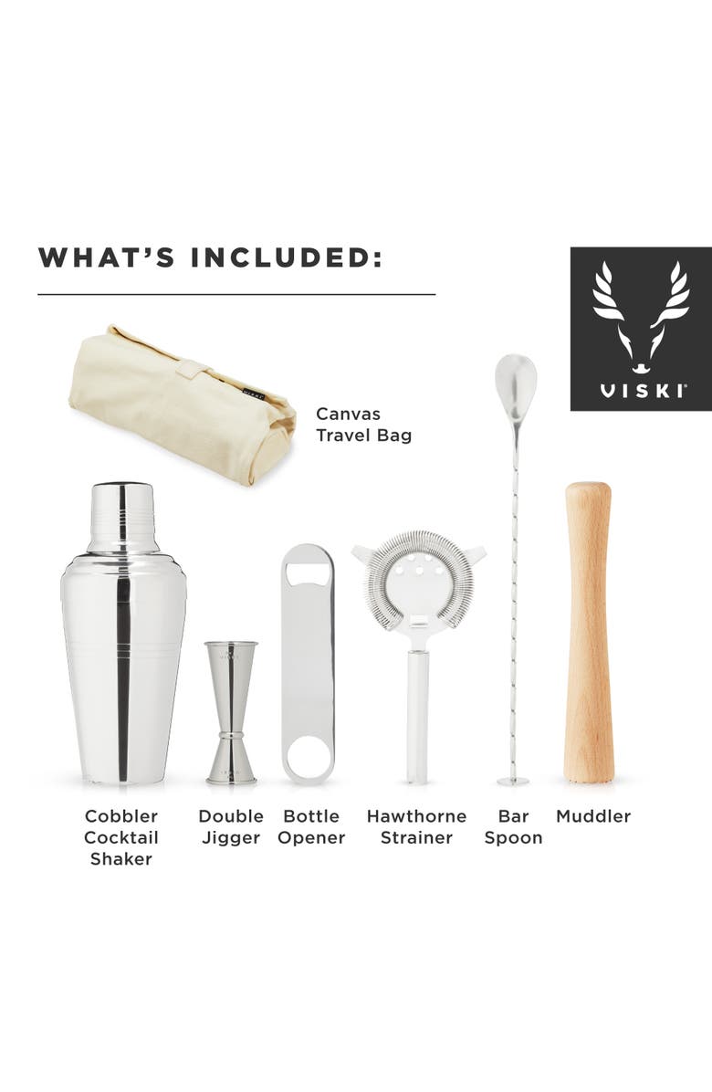 Viski 7-Piece Travel Barware Set in Stainless Steel, Alternate, color, Brown