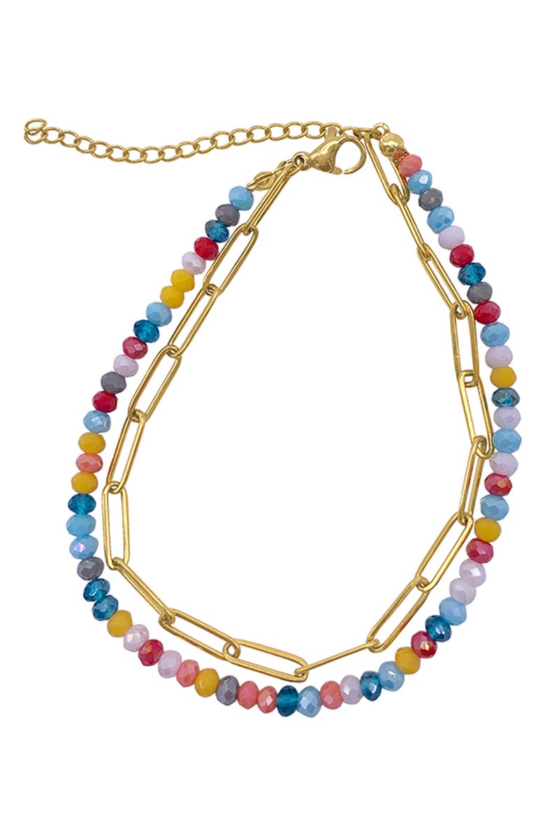 Adornia 14K Yellow Gold Plated Multicolor Beaded Paperclip Chain Layered Bracelet, Main, color, Yellow