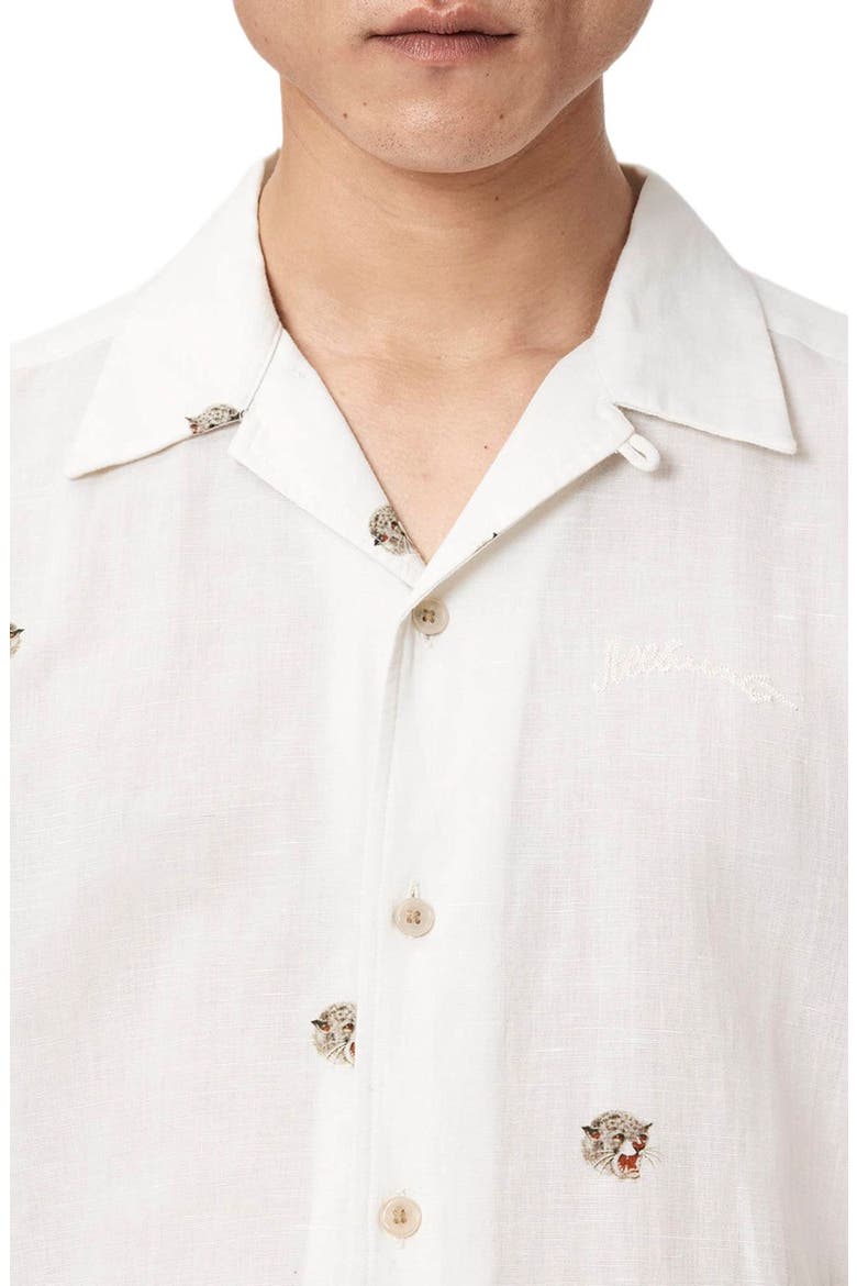 Feline Embroidered Linen & Cotton Camp Shirt, Alternate, color, ECRU
