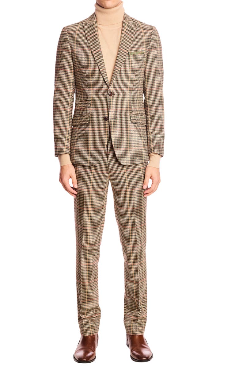 PAISLEY & GRAY Downing Slim Fit Flat Front Houndstooth Wool Blend Dress Pants, Alternate, color, Green Multi Houndstooth