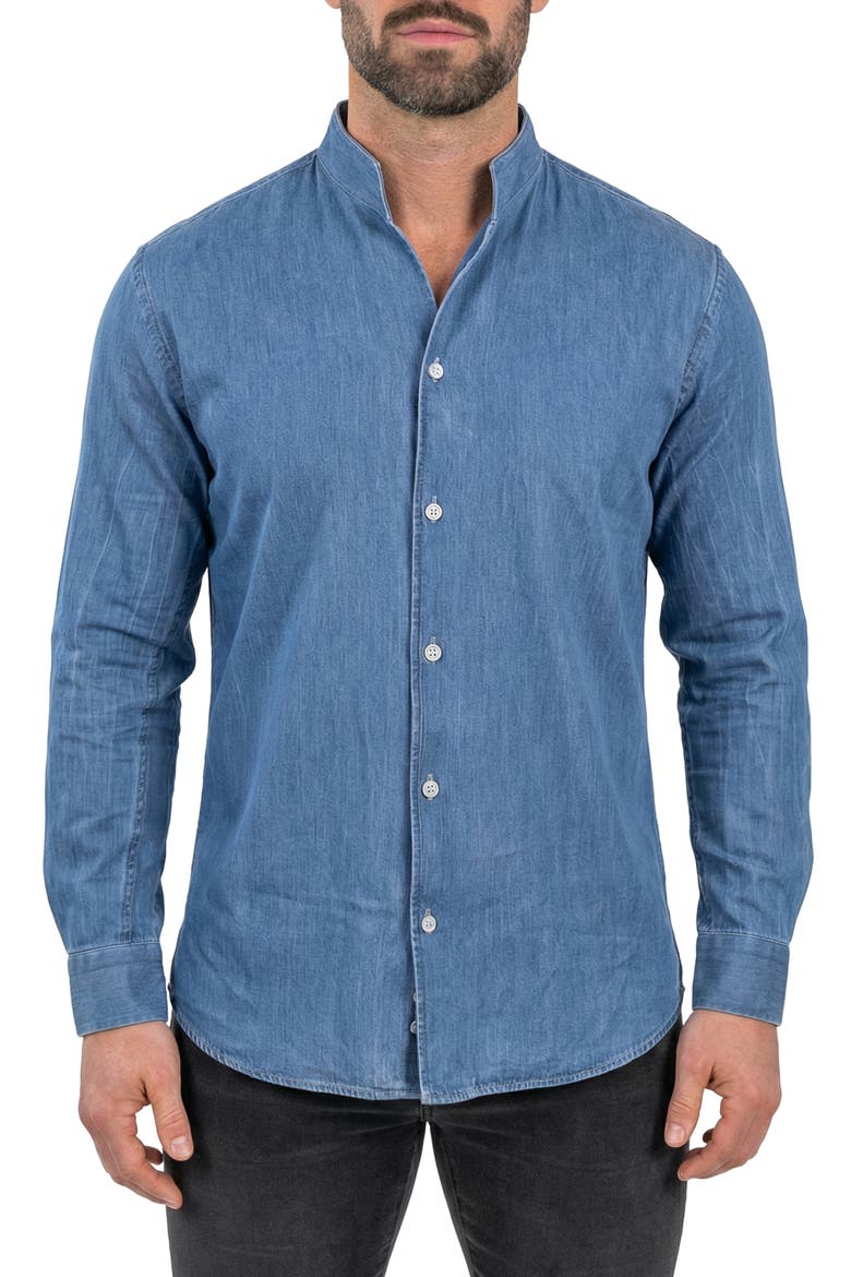 Ceremony Prince Stand Collar Dress Shirt, Main, color, BLUE