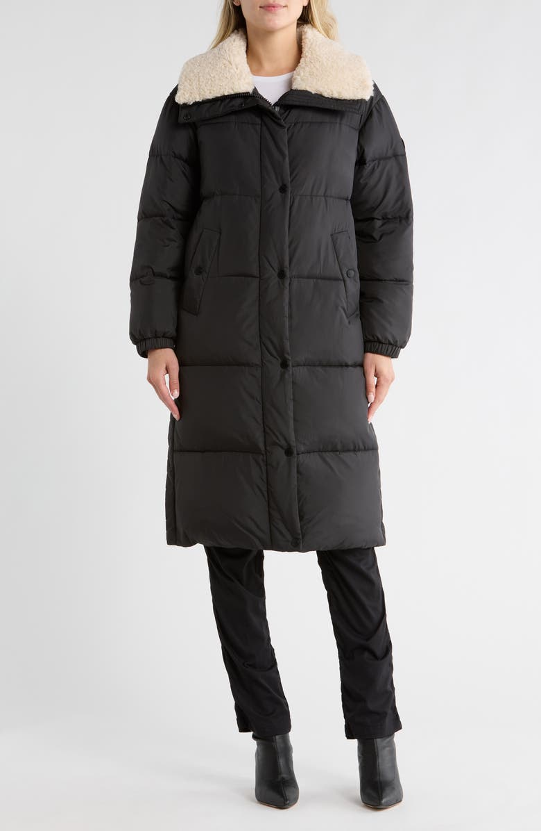Michael Kors Faux Shearling Collared 450 Fill Power Longline Jacket, Main, color, Black