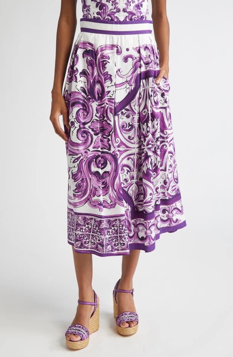 Dolce&Gabbana Majolica Print Cotton Poplin A-Line Midi Skirt, Main, color, Hp5dq Mix Maiolica L Viola