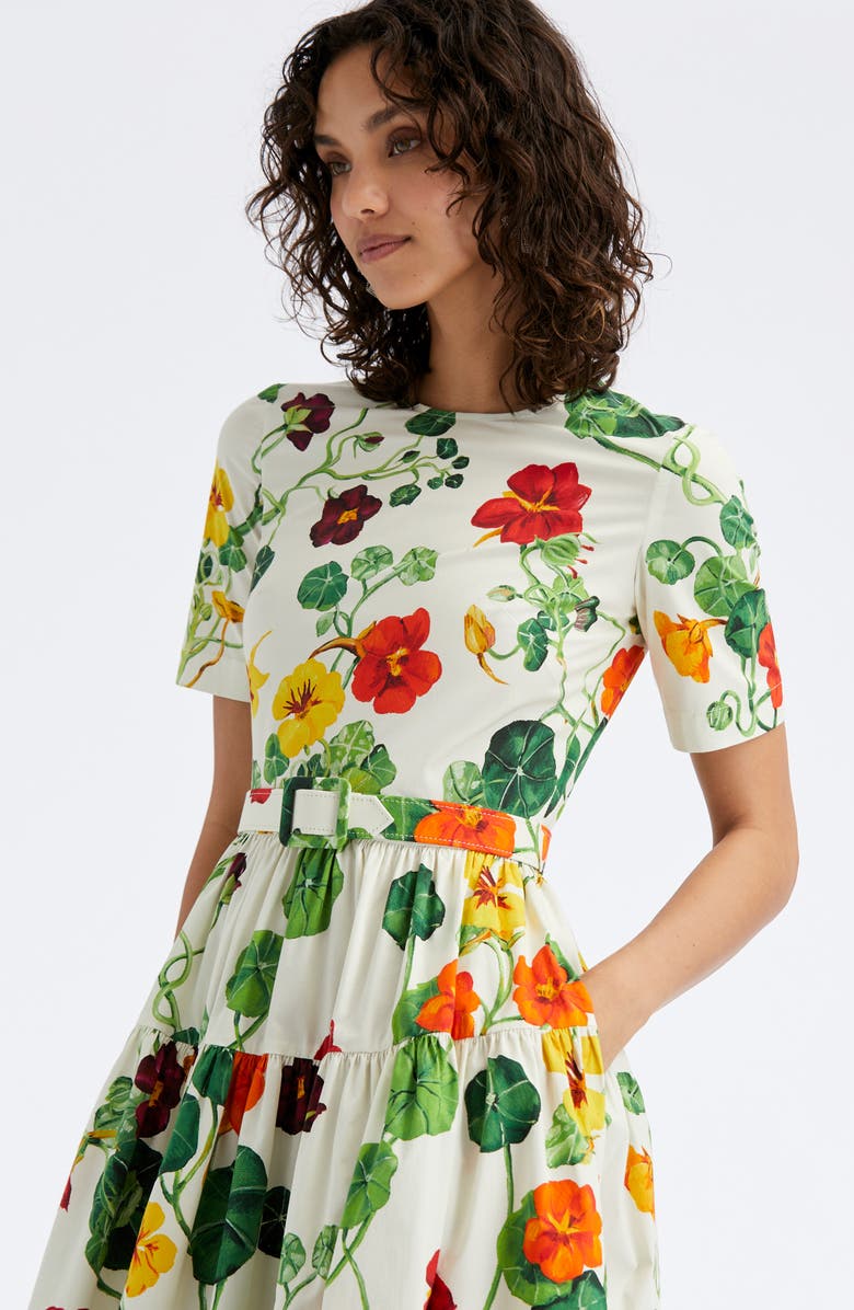 Oscar de la Renta Nasturtium Print Tiered Stretch Poplin Dress, Alternate, color, 