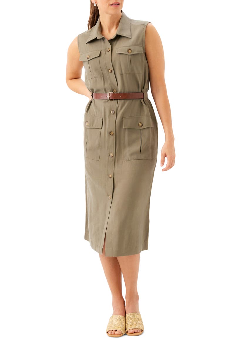 Karen Kane Belted Sleeveless Shirtdress, Main, color, Olive