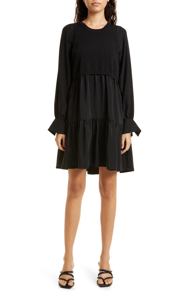 Cinq à Sept Presley Mixed Media Long Sleeve Silk Dress, Main, color, 