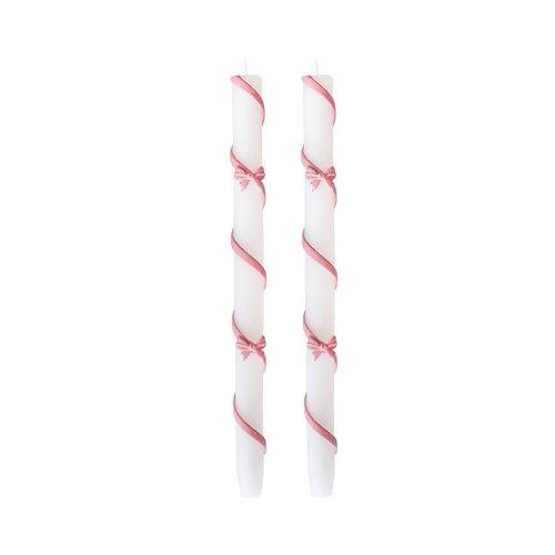 Jollity & Co . Ribbon Bow Taper Candle Set In Pink