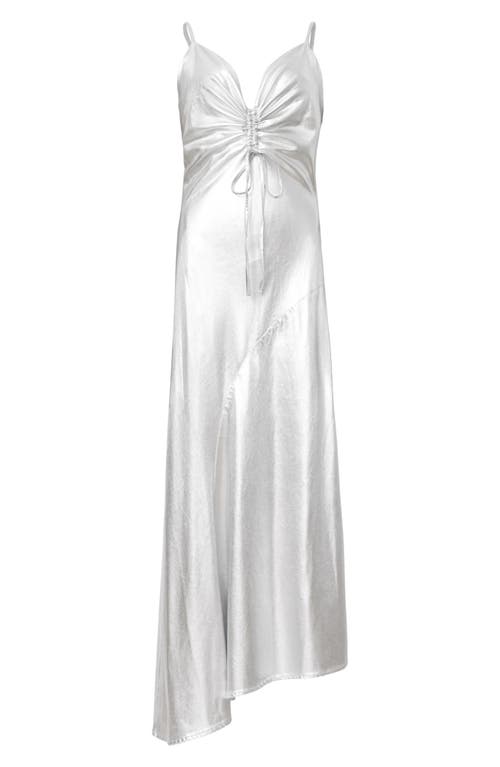 Allsaints Alexia V-neck Drawstring Midi Slip Dress In Metallic Silver
