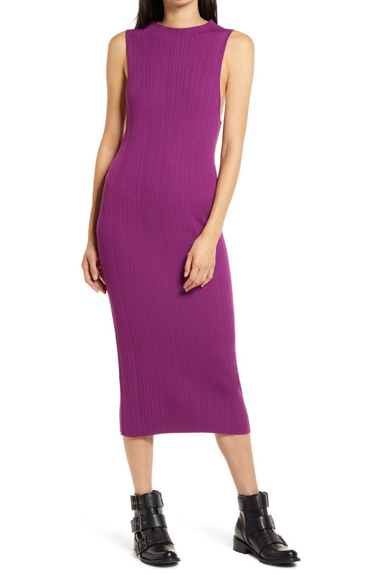 Mock Neck Ribbed Midi Dress, Main, color, VIOLET