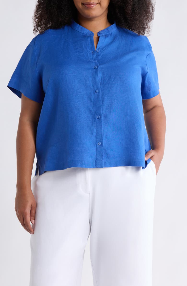 Eileen Fisher Mandarin Collar Short Sleeve Organic Linen Button-Up Shirt, Main, color, Sapphire